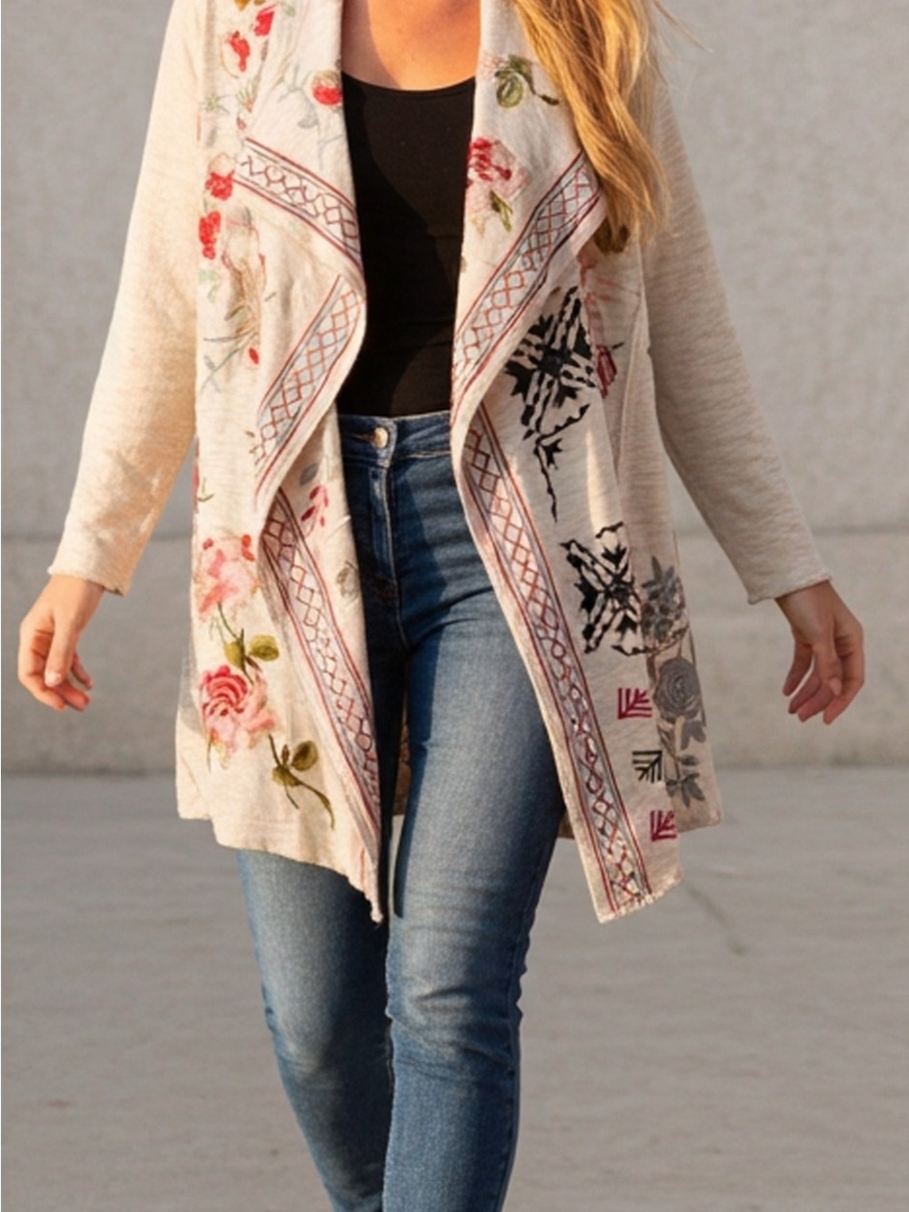 Coldwater Creek Embroidered Cream Open-Front Cardigan